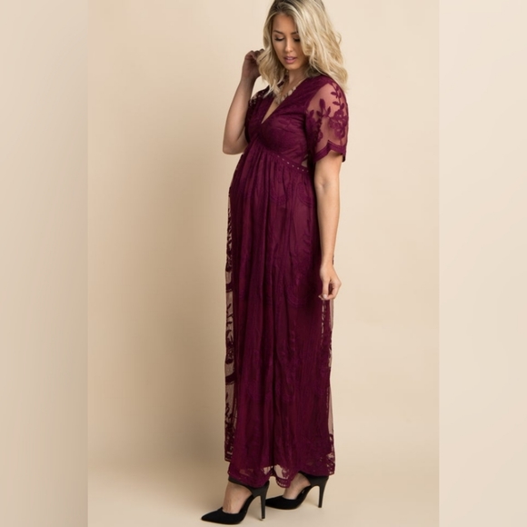 Pinkblush Dresses & Skirts - PinkBlush Burgundy Lace Mesh Overlay Maternity Maxi Dress Size S